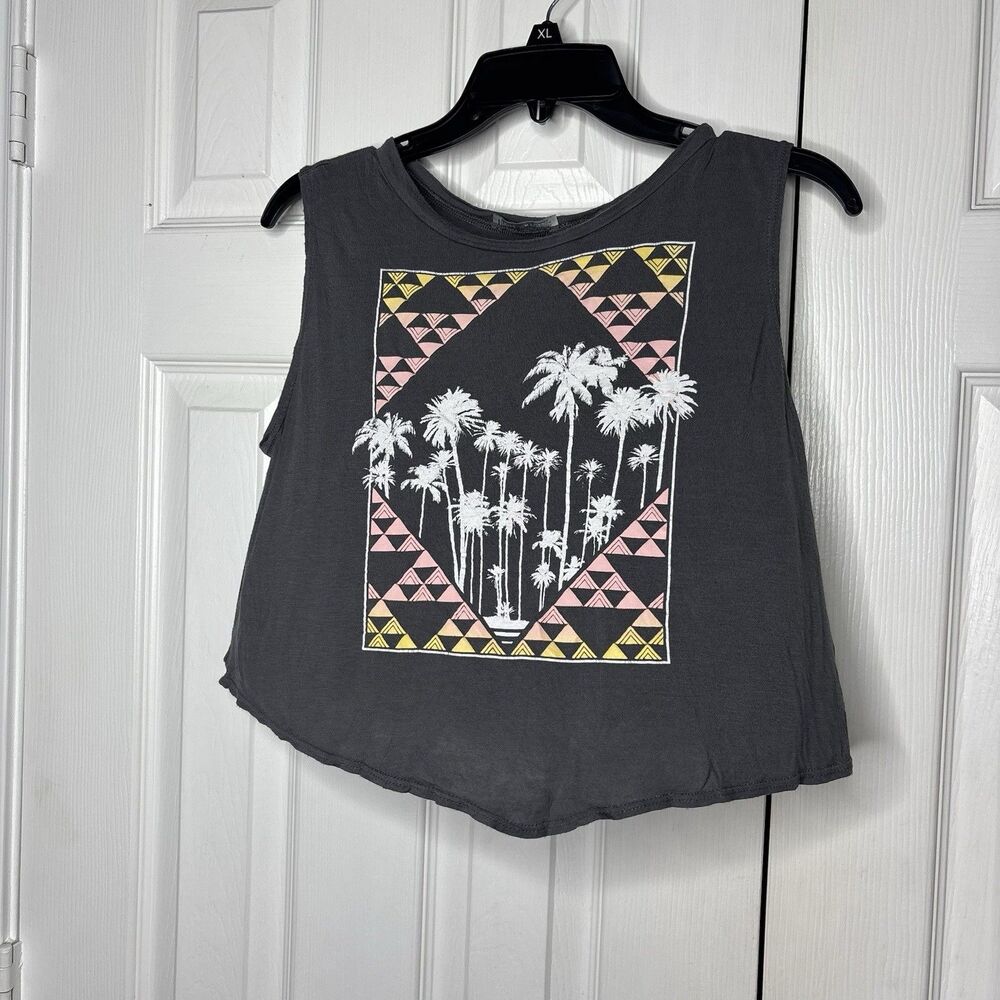 L Charlotte Russe Crop Tank Palm Tree Graphic Gray Sleeveless Y2K Top